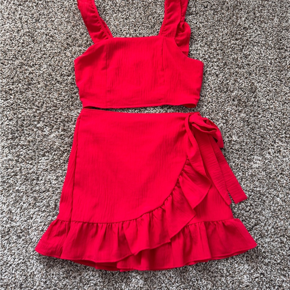 Pink Lily Vibrant Red Skirt Set